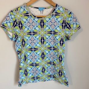 J McLaughlin green/blue kaleidoscope print stretch top S